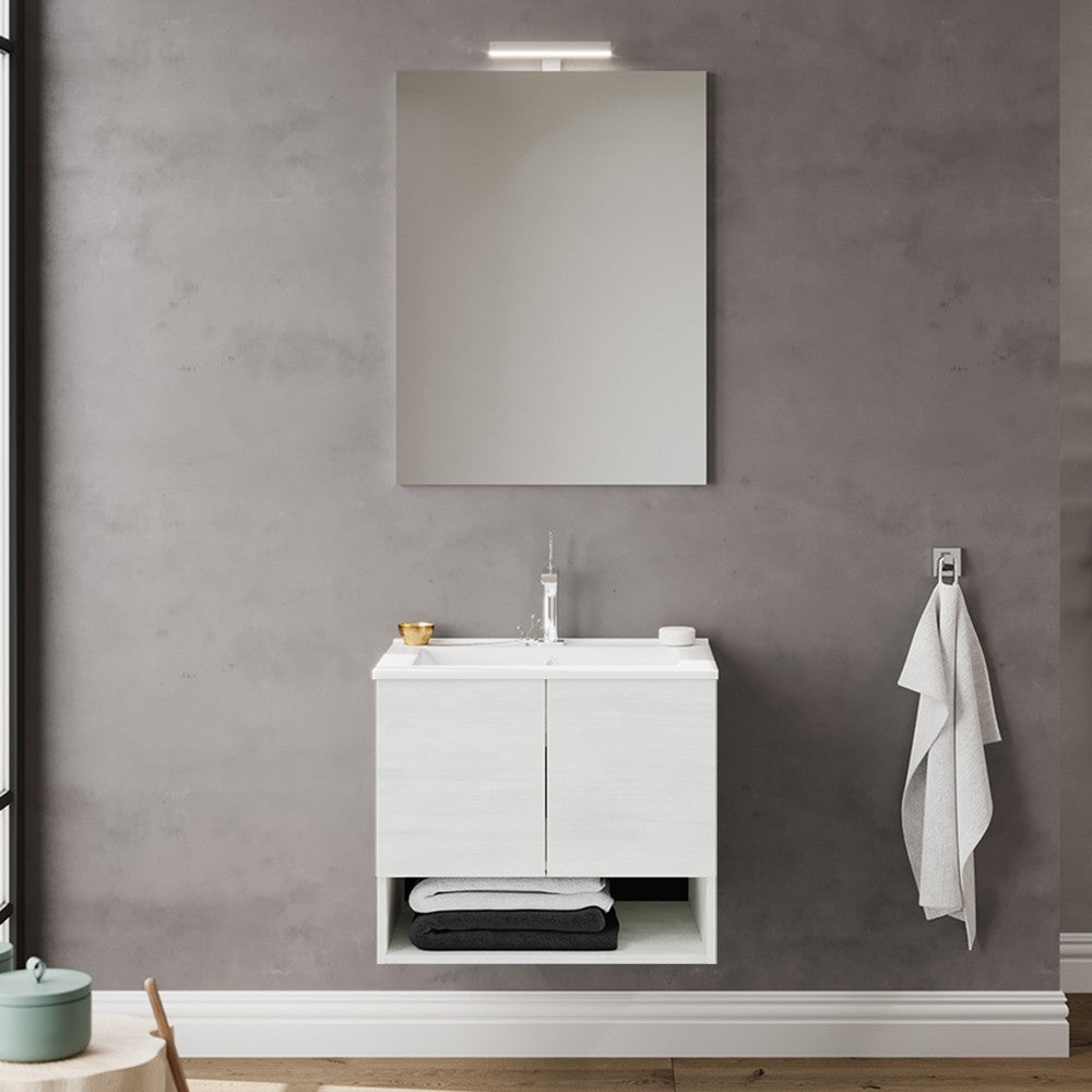 Mobile bagno sospeso 60 rovere bianco con lavabo e specchio LED Oslo