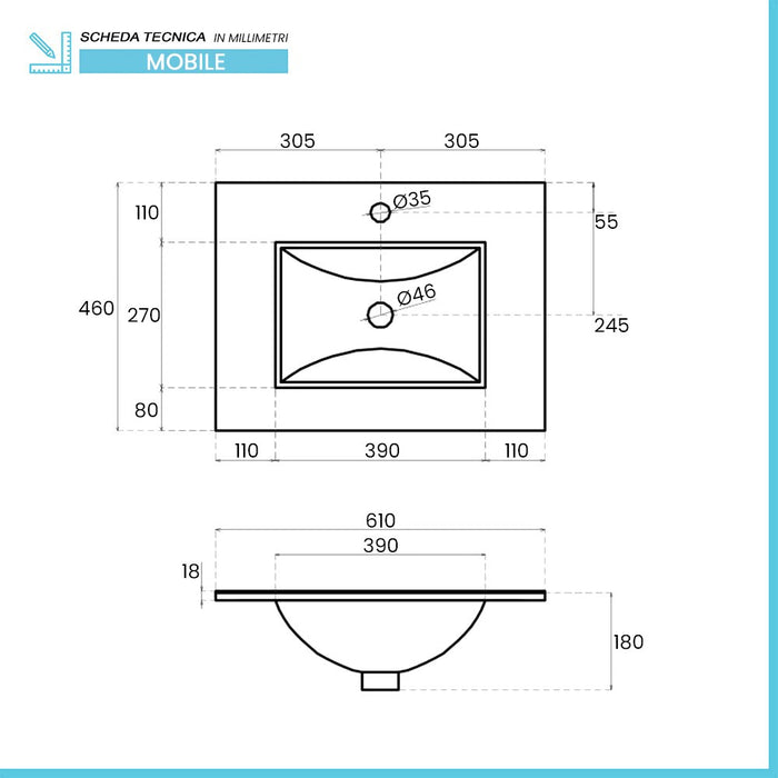 Mobile bagno sospeso 60 rovere bianco con lavabo e specchio LED Oslo