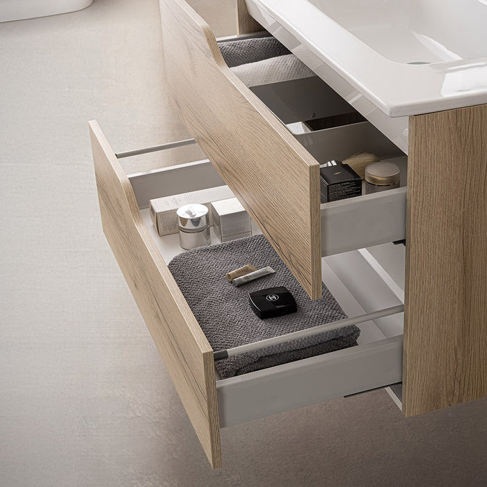 Mobile bagno sospeso 60cm quercia e bianco con lavabo e specchio Sumya