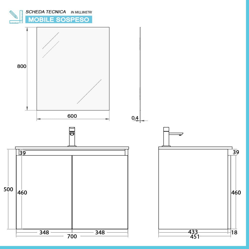 Mobile bagno sospeso 70 cm noce canaletto con 2 ante soft-close Kleo