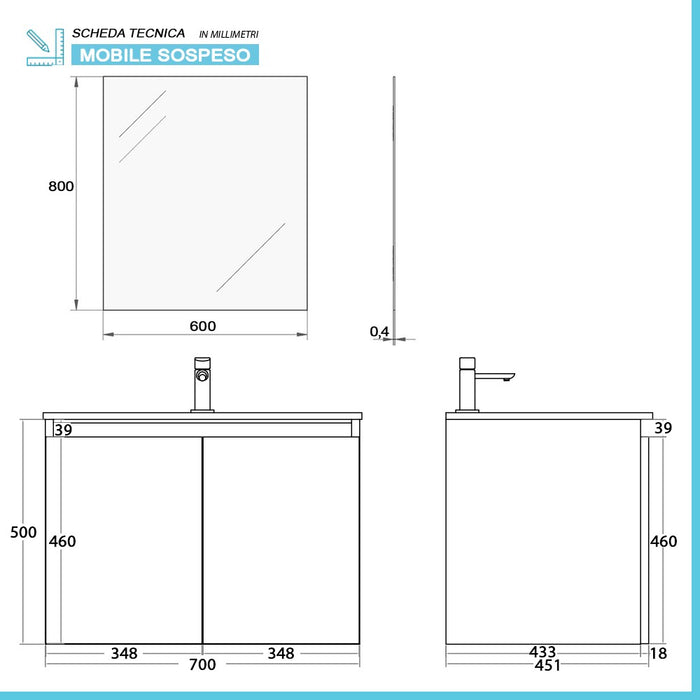 Mobile bagno sospeso 70 cm noce canaletto con 2 ante soft-close Kleo