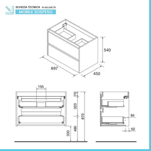 Mobile bagno sospeso 70 cm noce maya con top e specchio Gaya