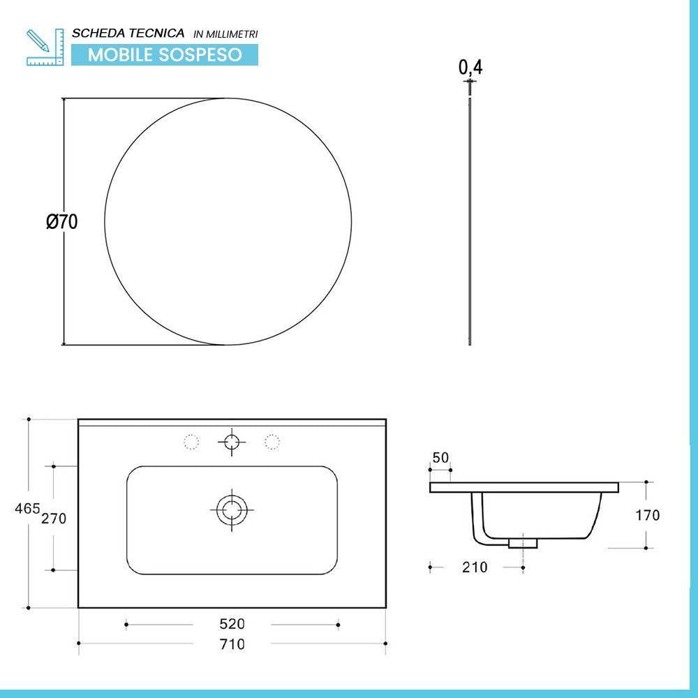 Mobile bagno sospeso 70 cm rovere bali con specchio e lavabo Gaya