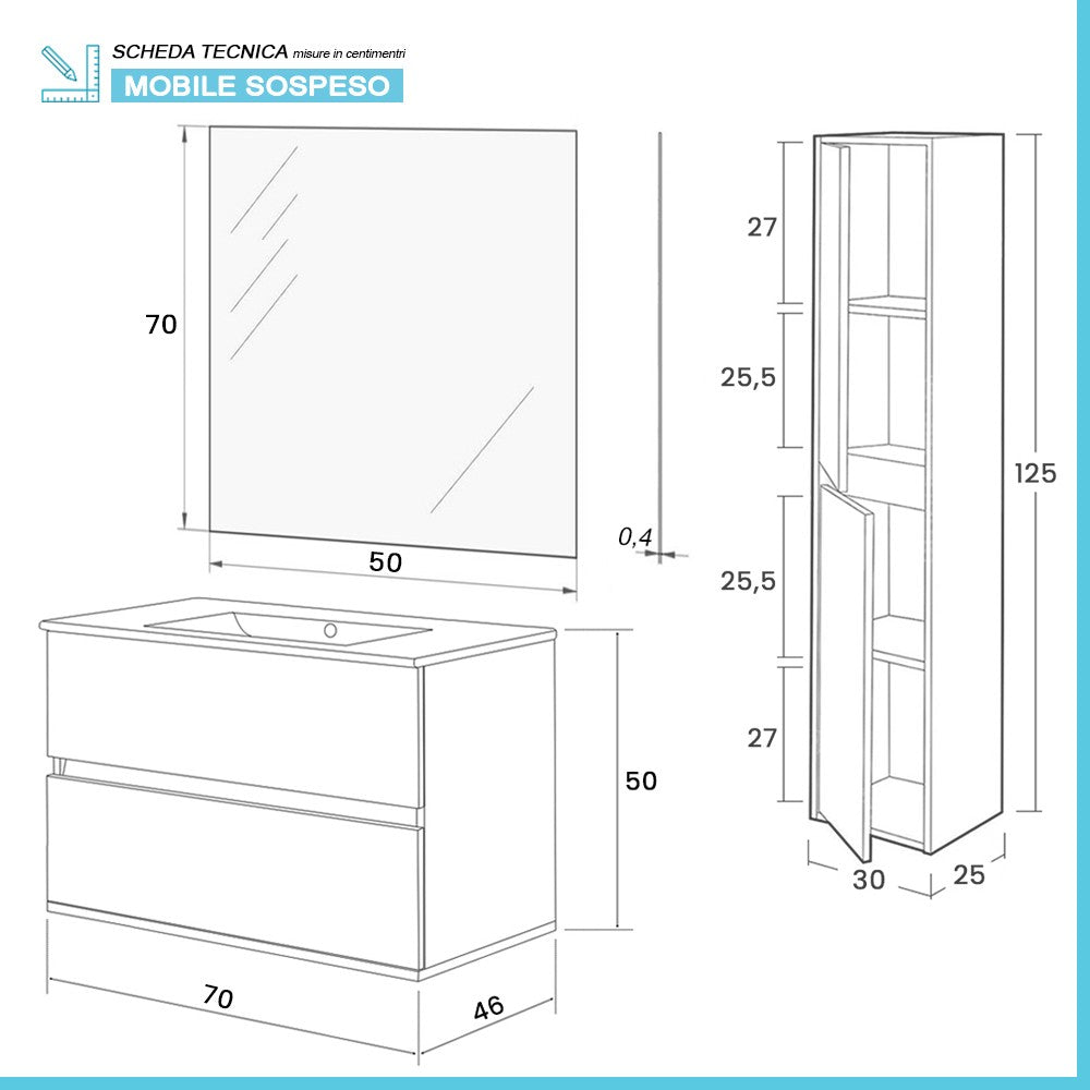 Mobile bagno sospeso 70 cm rovere bianco con pensile H 125 cm Nadia