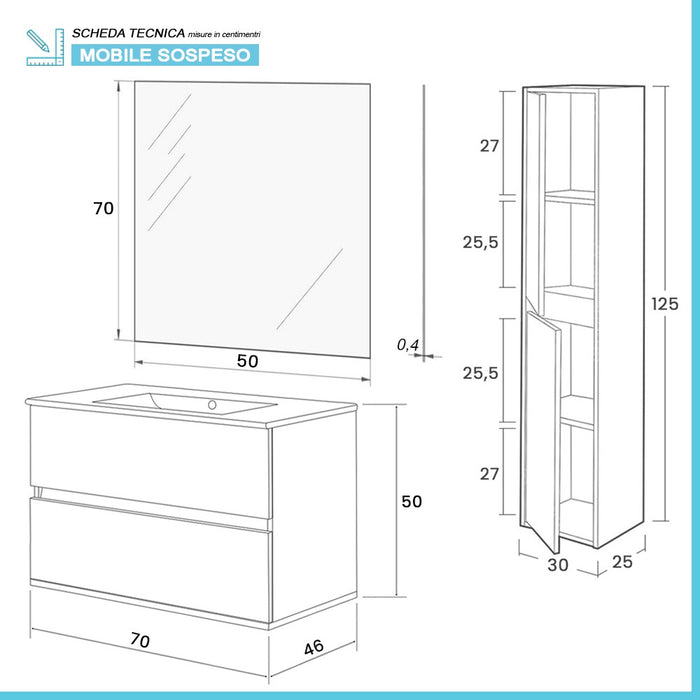 Mobile bagno sospeso 70 cm rovere bianco con pensile H 125 cm Nadia