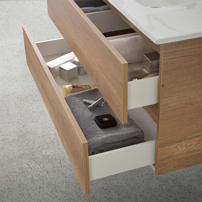 Mobile bagno sospeso 70 cm rovere naturale con pensile H 125 cm Nadia