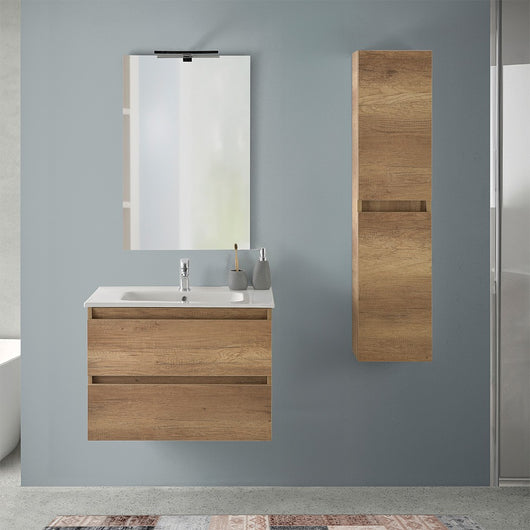 Mobile bagno sospeso 70 cm rovere naturale con pensile H 125 cm Nadia