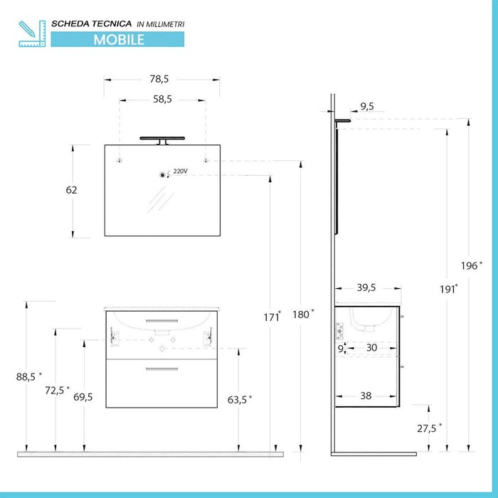 Mobile bagno sospeso 80  antracite lucido con lavabo e specchio Miami