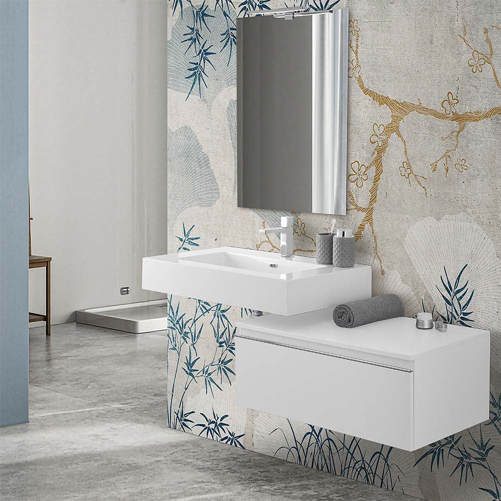 Mobile bagno sospeso 80 bianco lucido con lavabo 100 e specchio Iside