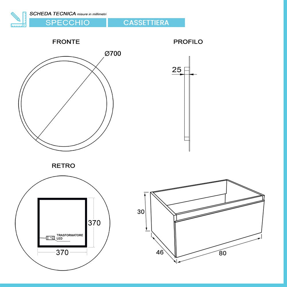 Mobile bagno sospeso 80 bianco lucido lavabo e specchio LED Iside