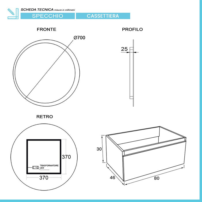 Mobile bagno sospeso 80 bianco lucido lavabo e specchio LED Iside