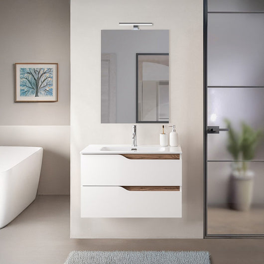 Mobile bagno sospeso 80 cm bianco e quercia con top e specchio Sumya