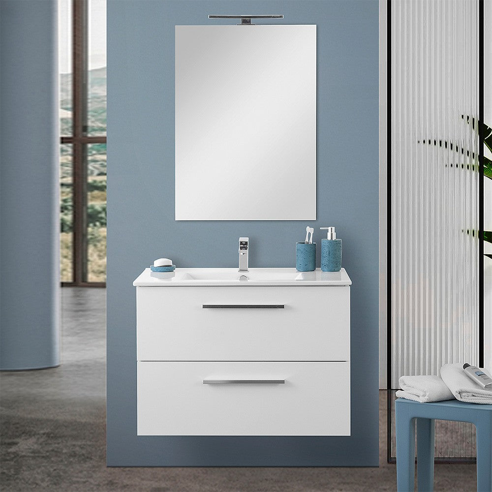 Mobile bagno sospeso 80 cm bianco lucido 2 cassetti e specchio