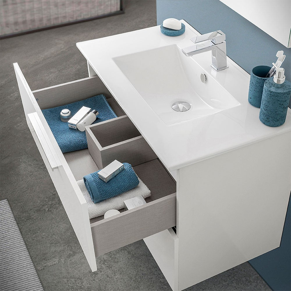 Mobile bagno sospeso 80 cm bianco lucido 2 cassetti e specchio