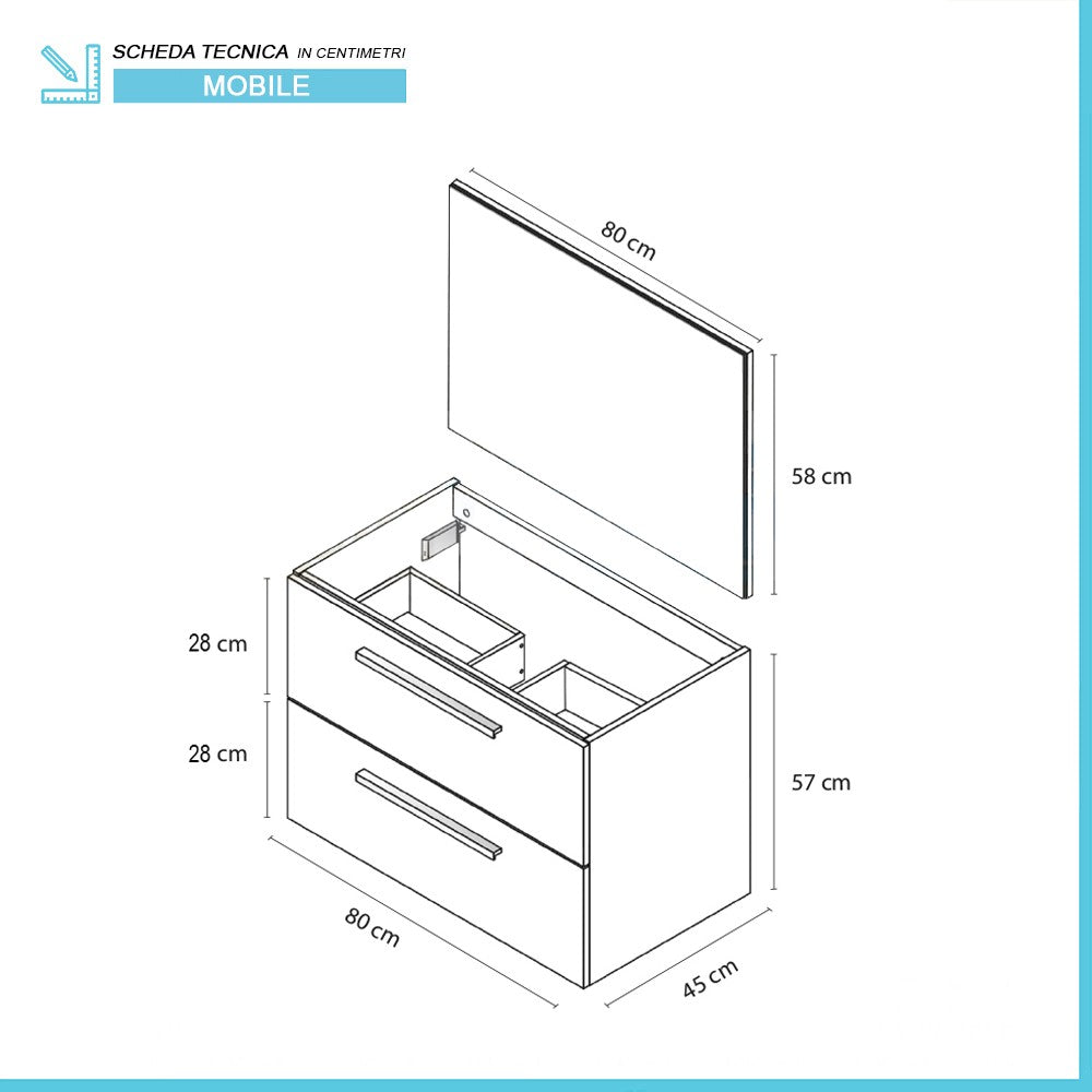 Mobile bagno sospeso 80 cm bianco lucido 2 cassetti e specchio