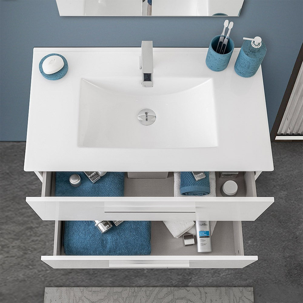 Mobile bagno sospeso 80 cm bianco lucido 2 cassetti e specchio