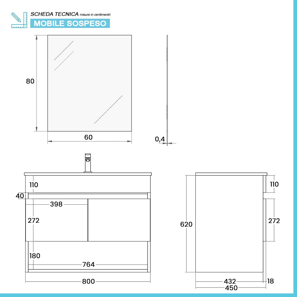 Mobile bagno sospeso 80 cm in legno bianco con lavabo e specchio Oasi