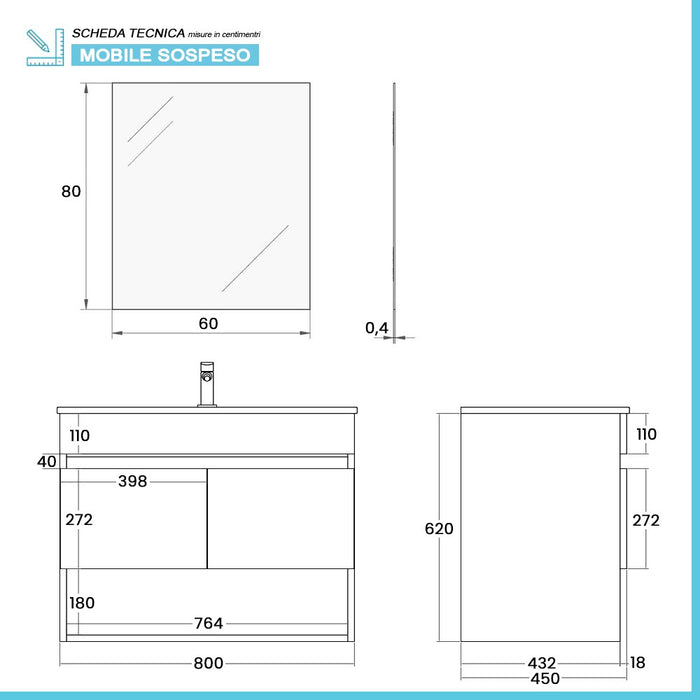 Mobile bagno sospeso 80 cm in legno bianco con lavabo e specchio Oasi