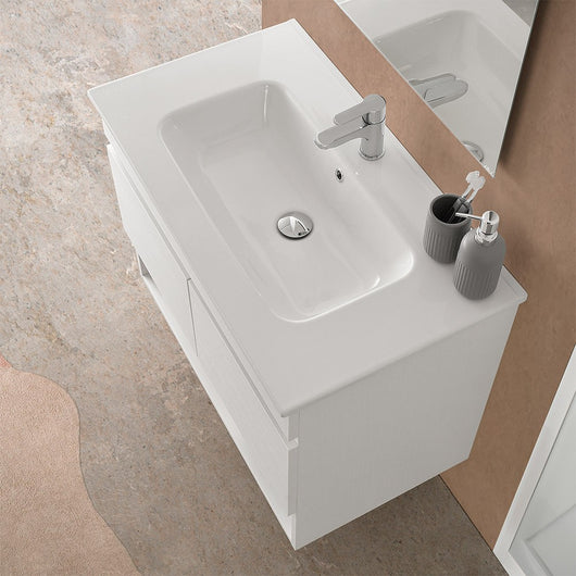 Mobile bagno sospeso 80 cm in legno bianco con lavabo e specchio Oasi