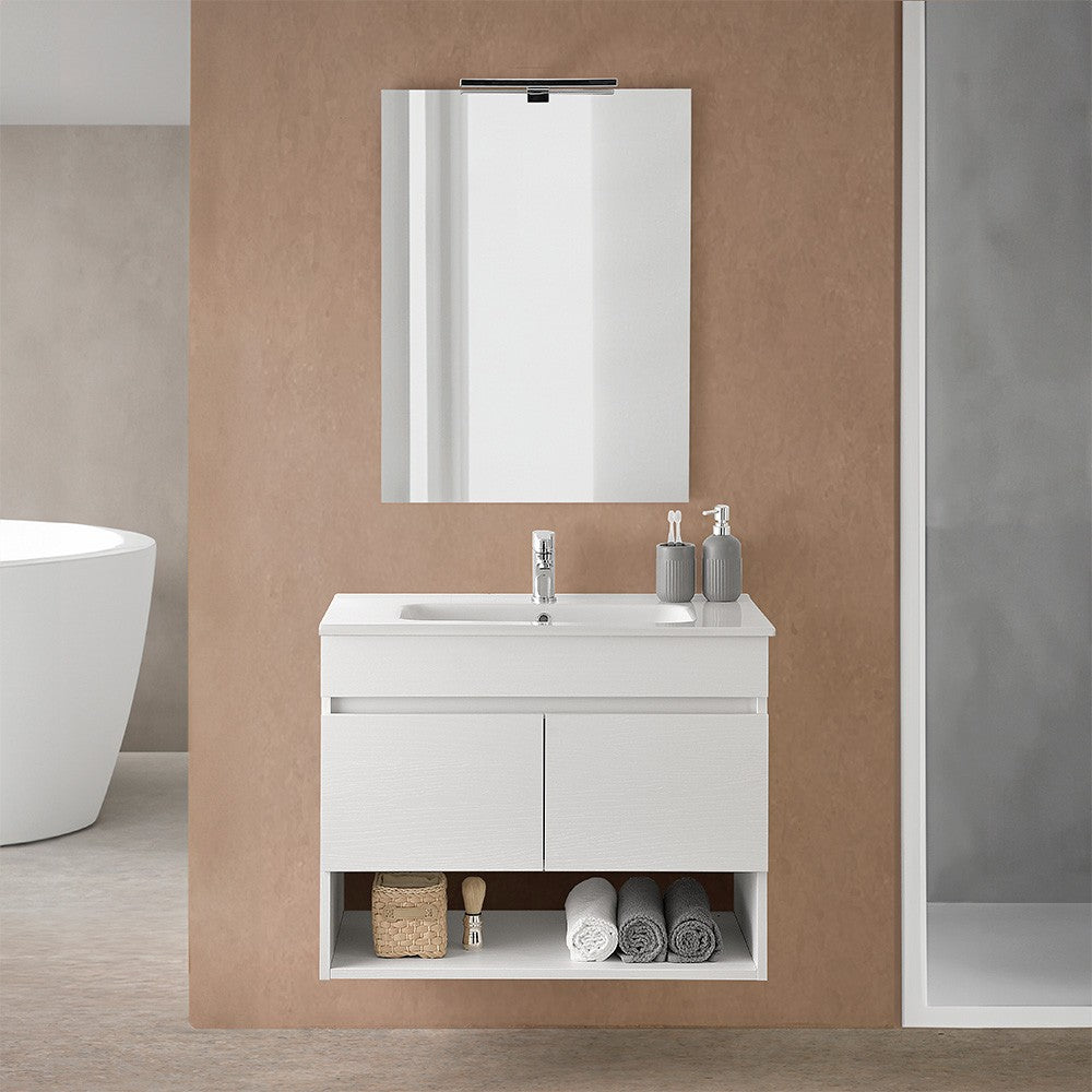 Mobile bagno sospeso 80 cm in legno bianco con lavabo e specchio Oasi