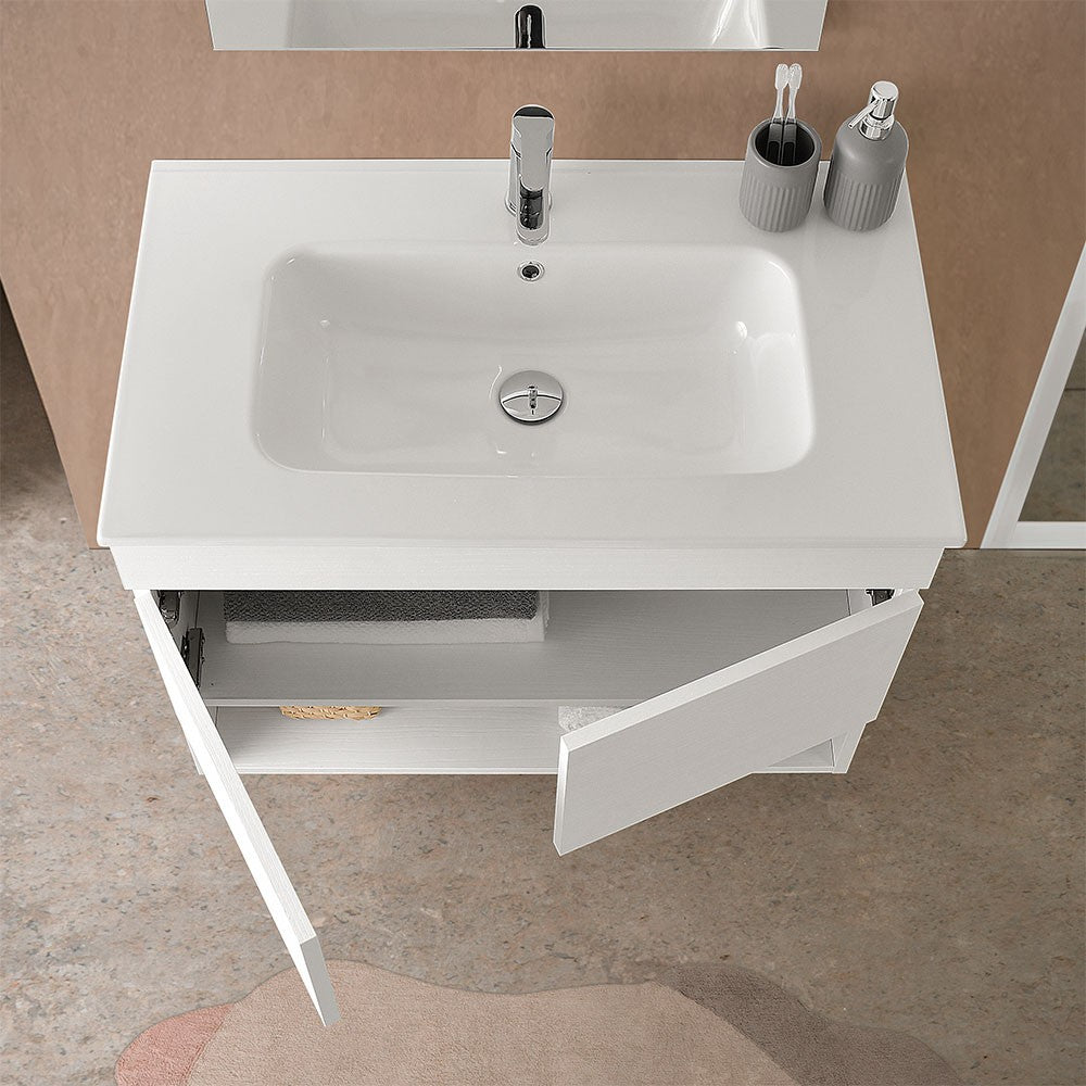 Mobile bagno sospeso 80 cm in legno bianco con lavabo e specchio Oasi