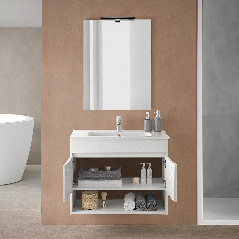 Mobile bagno sospeso 80 cm in legno bianco con lavabo e specchio Oasi