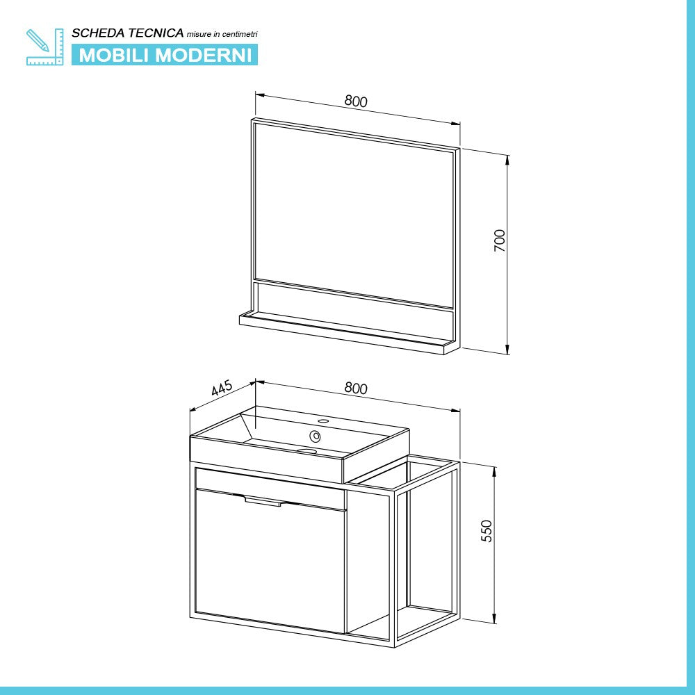 Mobile bagno sospeso 80 cm in legno e metallo nero con specchio Zante