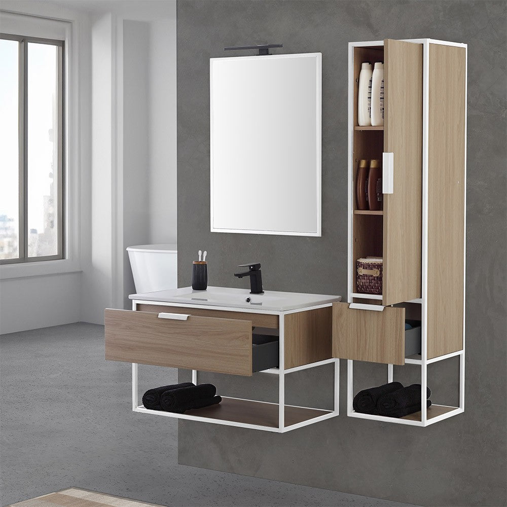 Mobile bagno sospeso 80 cm industrial bianco e legno con pensile Baketo