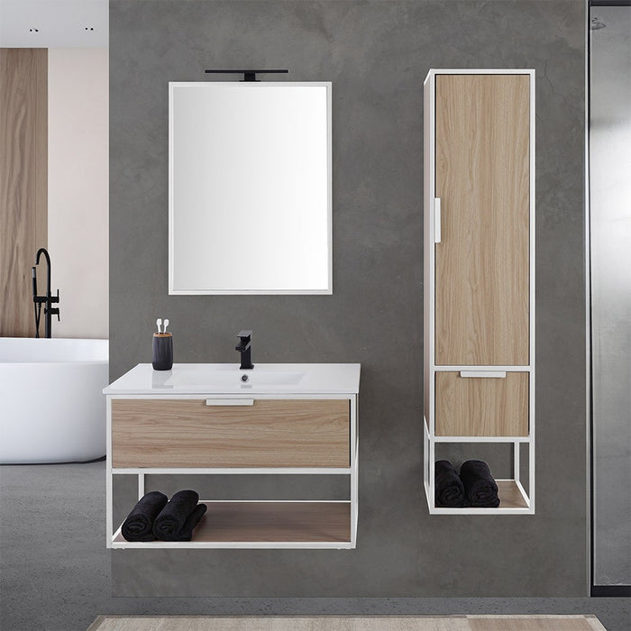 Mobile bagno sospeso 80 cm industrial bianco e legno con pensile Baketo