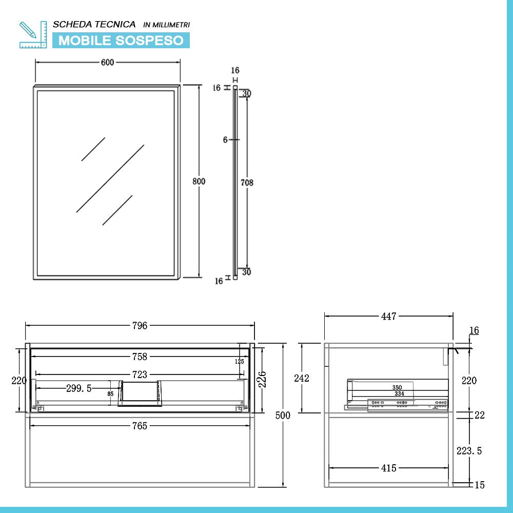 Mobile bagno sospeso 80 cm industrial bianco e legno con pensile Baketo