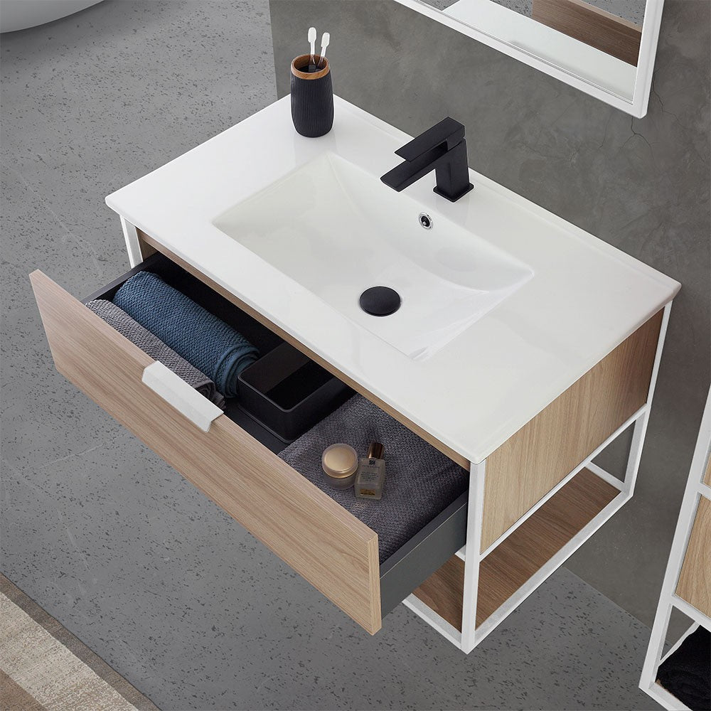 Mobile bagno sospeso 80 cm industrial bianco e legno con pensile Baketo