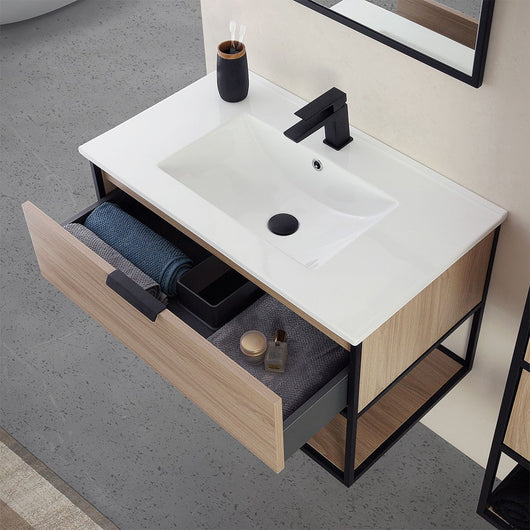 Mobile bagno sospeso 80 cm industrial nero e legno con pensile Baketo