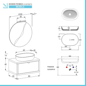 Mobile bagno sospeso 80 cm Master rovere miele con lavabo appoggio e specchio