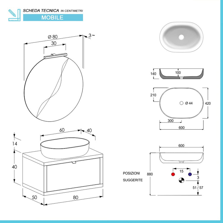 Mobile bagno sospeso 80 cm Master rovere miele con lavabo appoggio e specchio