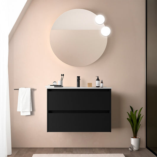 Mobile bagno sospeso 80 cm nero satinato con specchio e lavabo Gaya