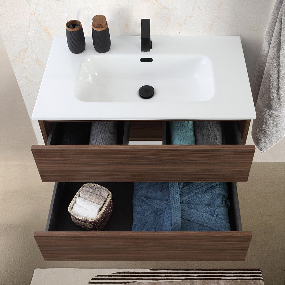 Mobile bagno sospeso 80 cm noce canaletto con cassetti soft-close Kleo