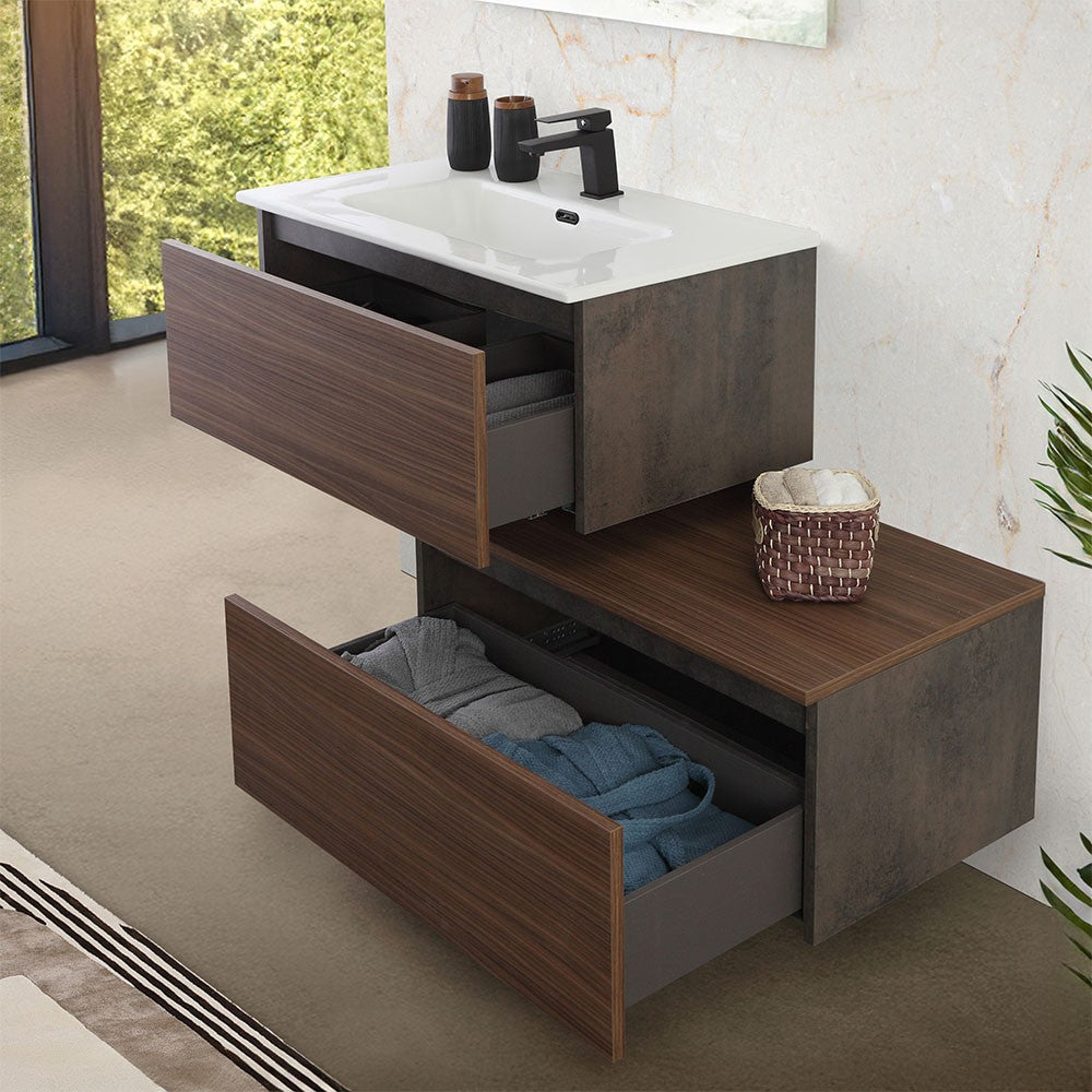 Mobile bagno sospeso 80 cm ossido e noce con cassetto sfalsato Kleo