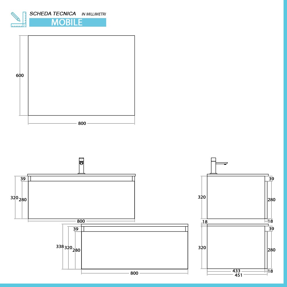 Mobile bagno sospeso 80 cm ossido e noce con cassetto sfalsato Kleo