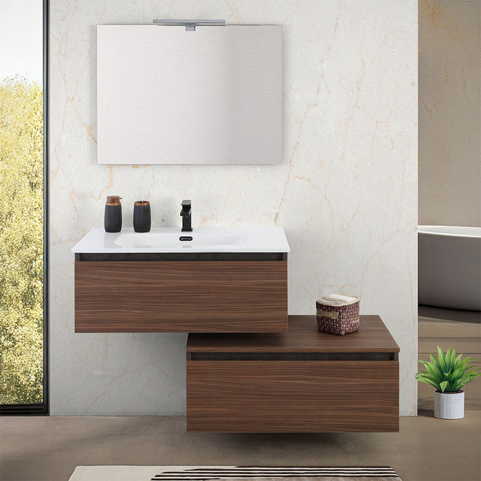 Mobile bagno sospeso 80 cm ossido e noce con cassetto sfalsato Kleo