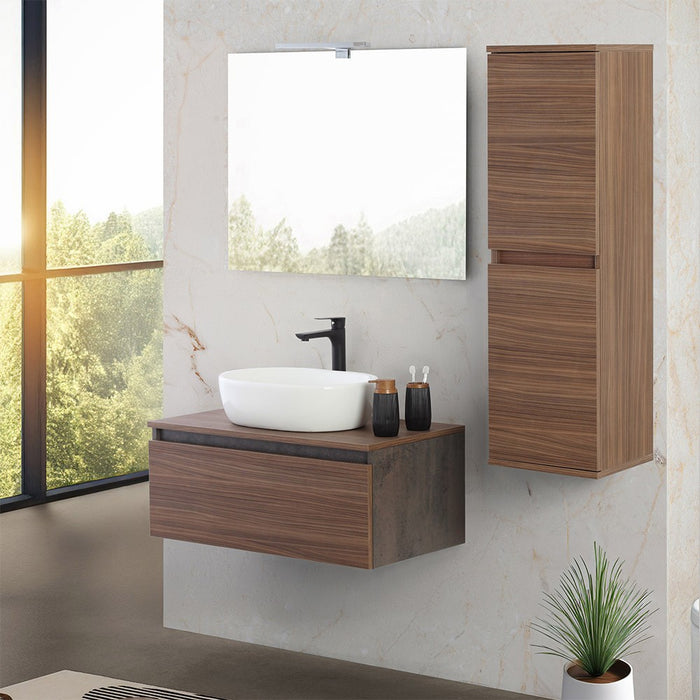 Mobile bagno sospeso 80 cm ossido e noce con lavabo e specchio Kleo