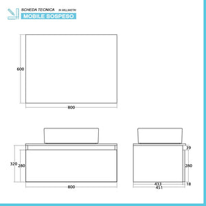 Mobile bagno sospeso 80 cm ossido e noce con lavabo e specchio Kleo