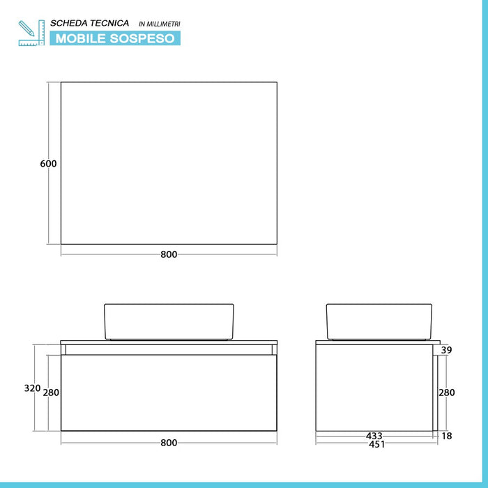 Mobile bagno sospeso 80 cm ossido e noce con lavabo e specchio Kleo