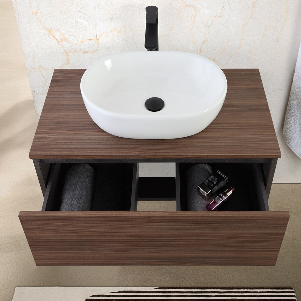 Mobile bagno sospeso 80 cm ossido e noce con lavabo e specchio Kleo