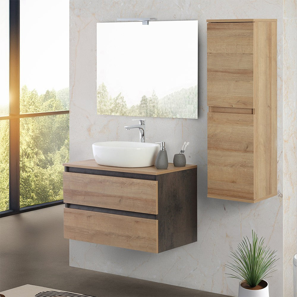 Mobile bagno sospeso 80 cm ossido e rovere con top lavabo e specchio Kleo