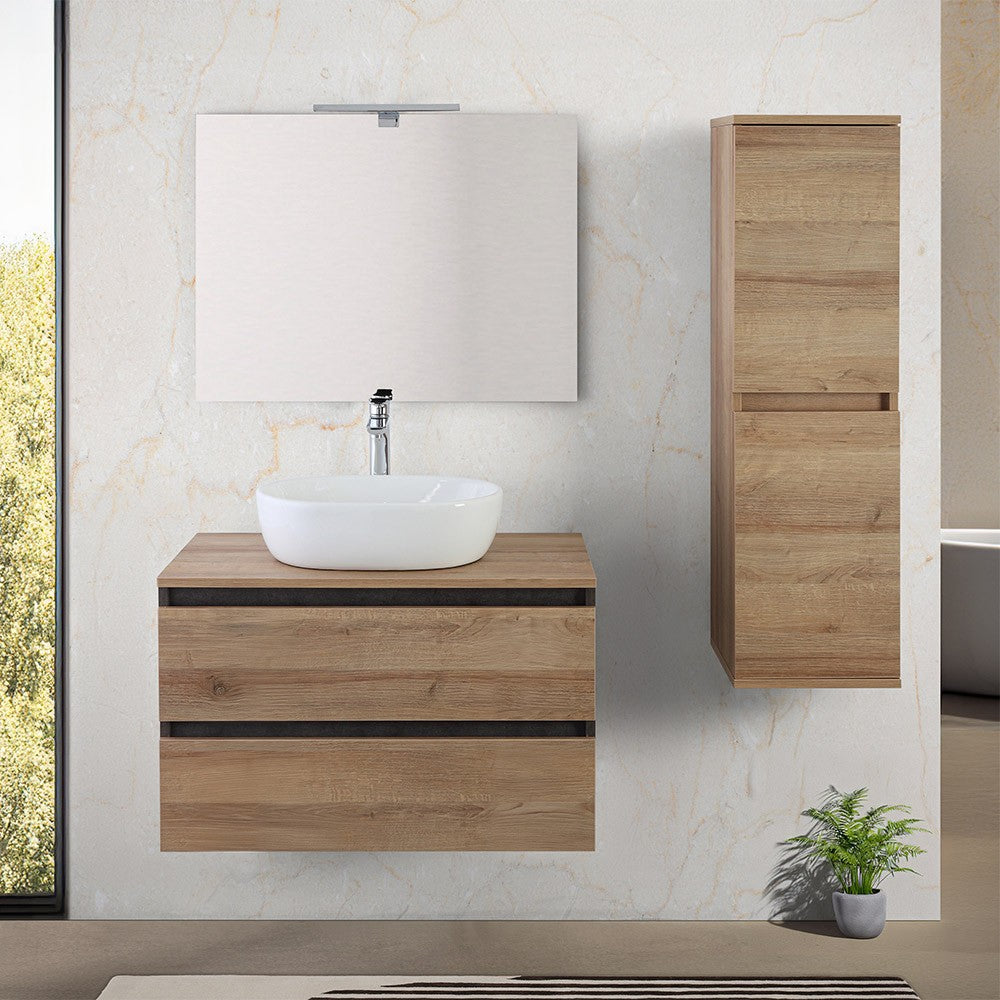 Mobile bagno sospeso 80 cm ossido e rovere con top lavabo e specchio Kleo