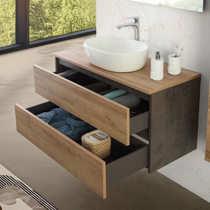 Mobile bagno sospeso 80 cm ossido e rovere con top lavabo e specchio Kleo