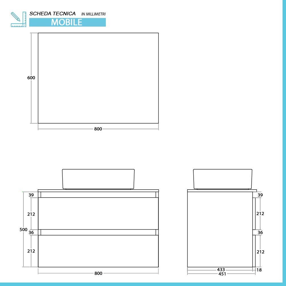 Mobile bagno sospeso 80 cm ossido e rovere con top lavabo e specchio Kleo