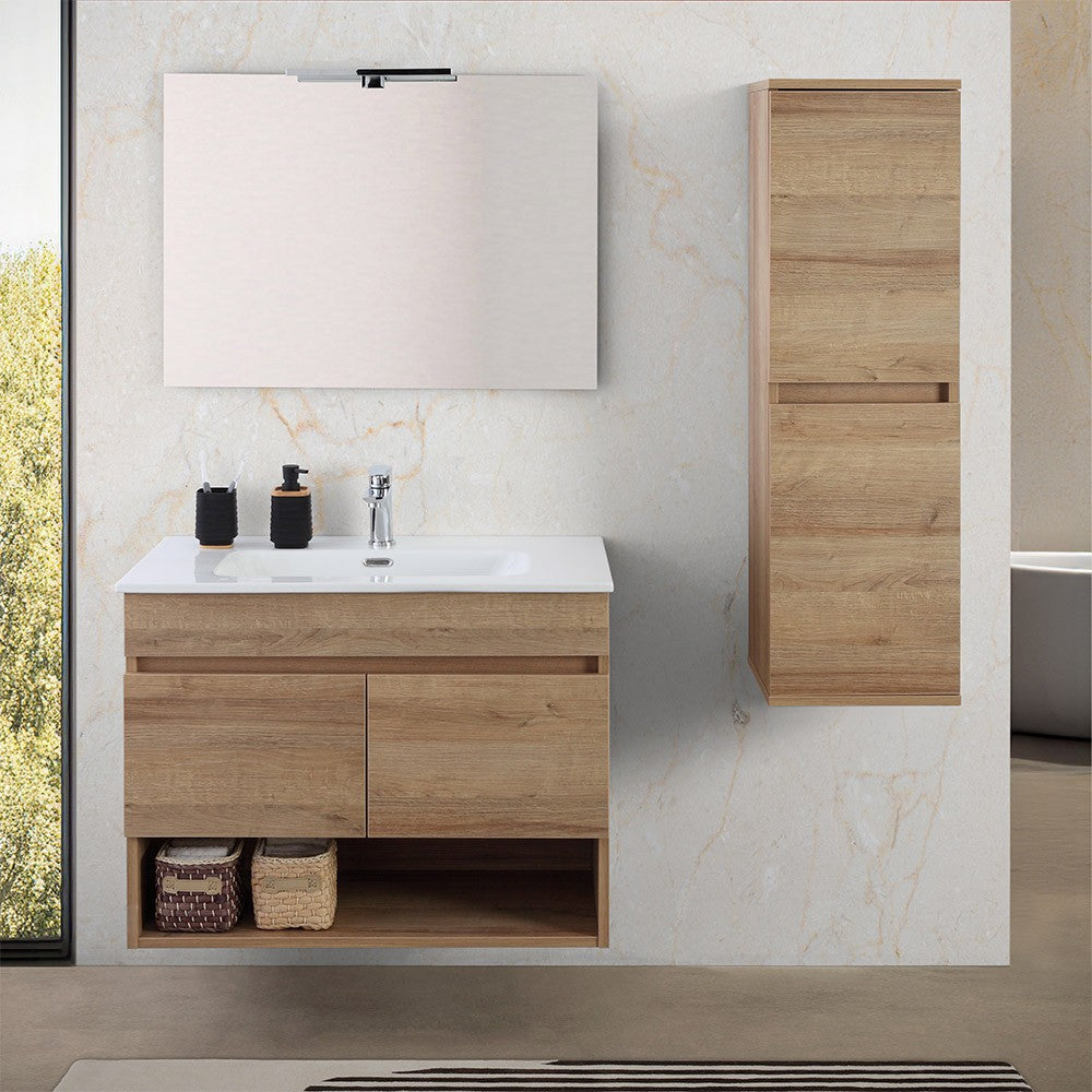 Mobile bagno sospeso 80 cm rovere africa con ante e vano a giorno Kleo