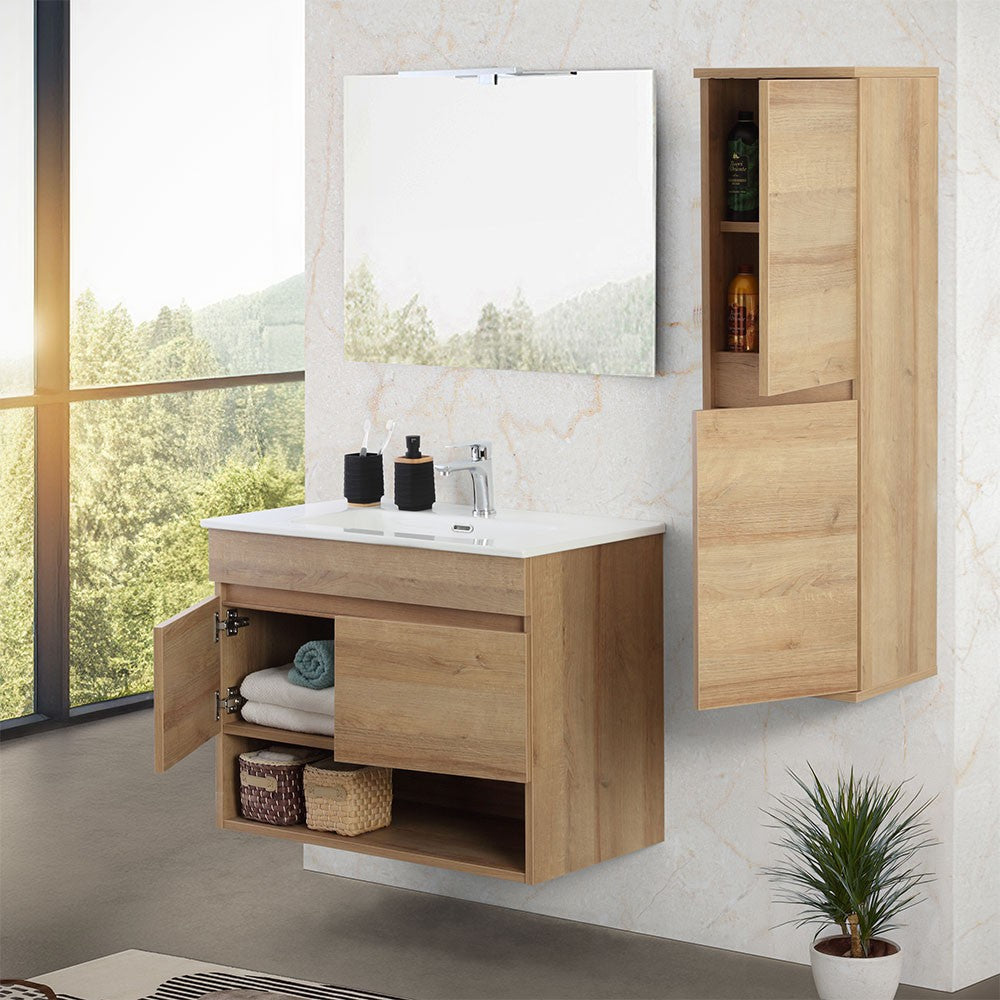 Mobile bagno sospeso 80 cm rovere africa con ante e vano a giorno Kleo