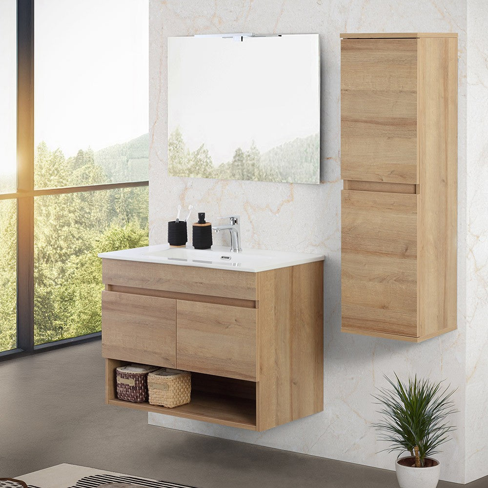 Mobile bagno sospeso 80 cm rovere africa con ante e vano a giorno Kleo